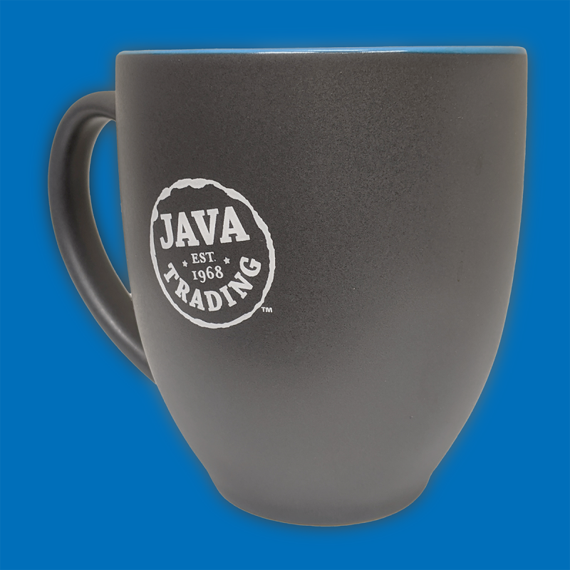 Dark grey ceramic mug with white Java Trading logo on a blue background