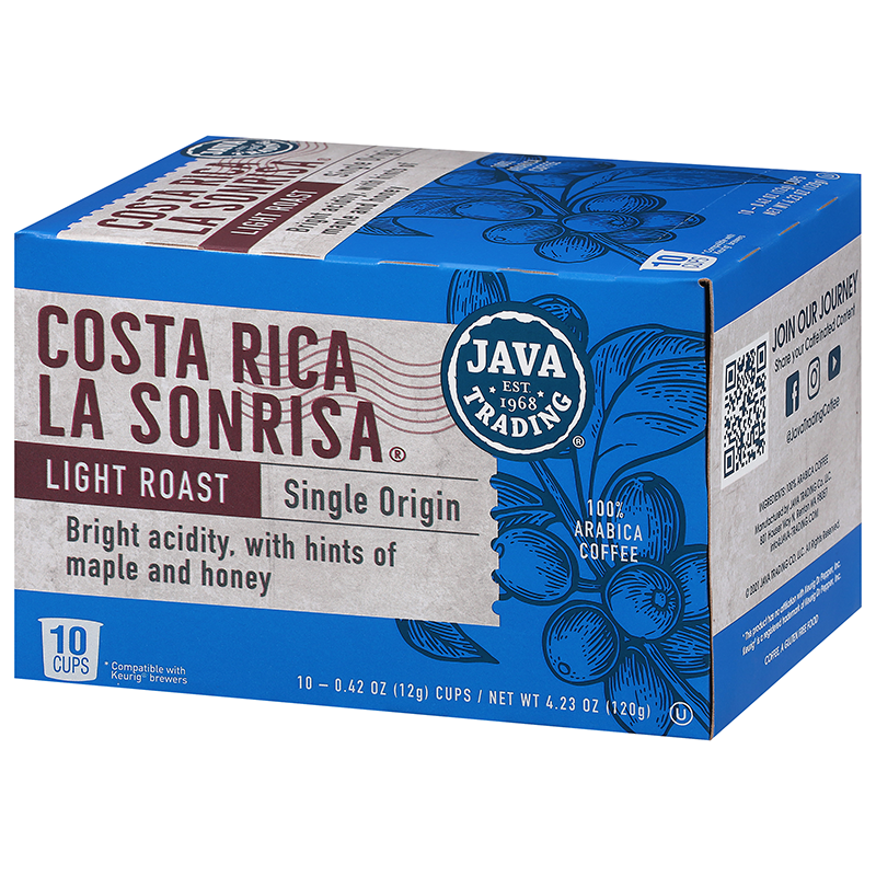 Box of Costa Rica La Sonrisa Light Roast single serve coffee cups
