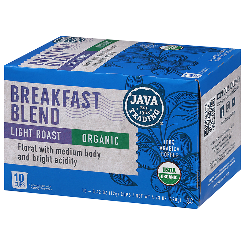 Box of Organic Breakfast Blend Light Roast single serve coffee cups