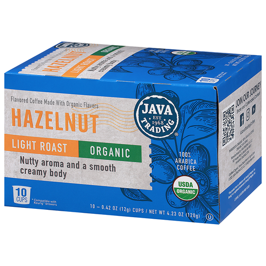 Box of Organic Hazelnut Light Roast single serve coffee cups