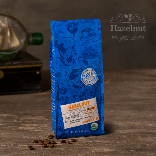 Bag of 10 ounce of Organic Hazelnut flavored coffee on a wooden table