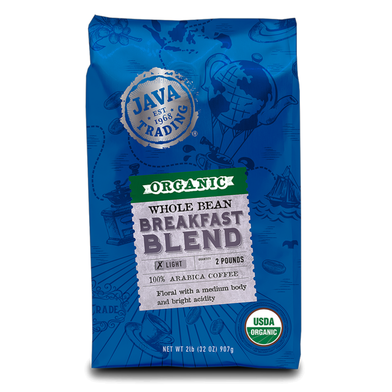2 lb. blue bag of Organic Java Trading Breakfast Blend