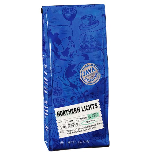 Blue bag of Northern Lights Coffee Bag, extra light roast, ground, 12 ounces