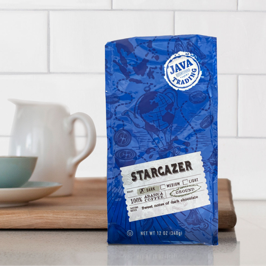 Bag of 12 ounce Stargazer ground coffee on a kitchen counter