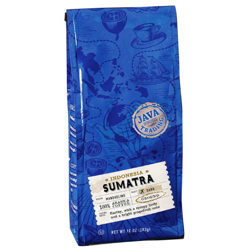Blue bag of Indonesia Sumatra Coffee Bag, dark roast, ground, 10 ounces